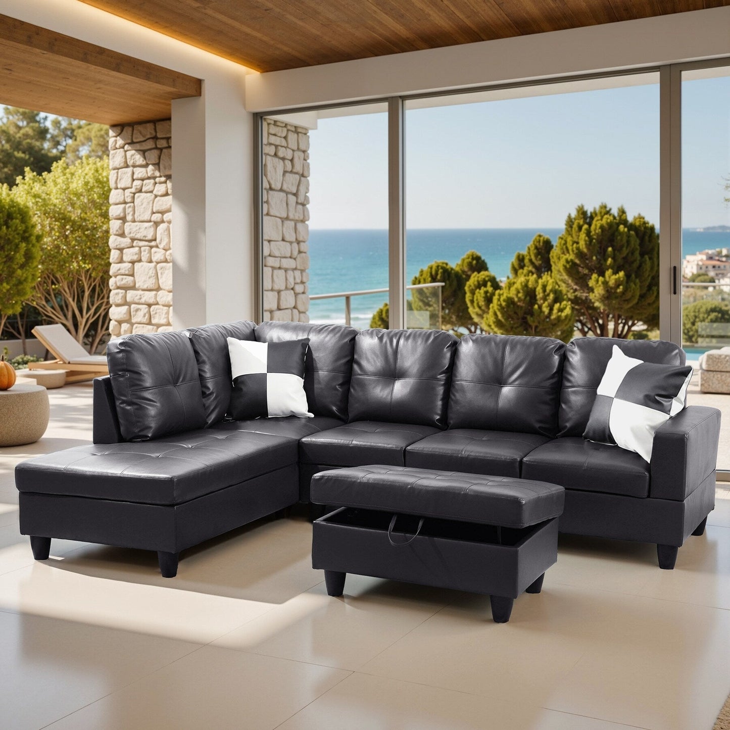 Semi PU Synthetic Leather 3-Piece Couch Living Room Sofa Set