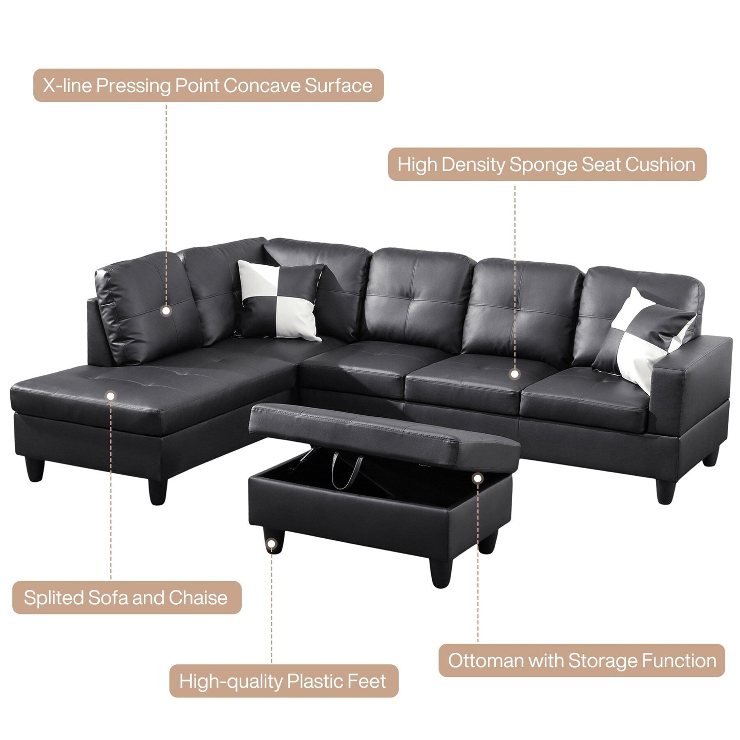 Semi PU Synthetic Leather 3-Piece Couch Living Room Sofa Set