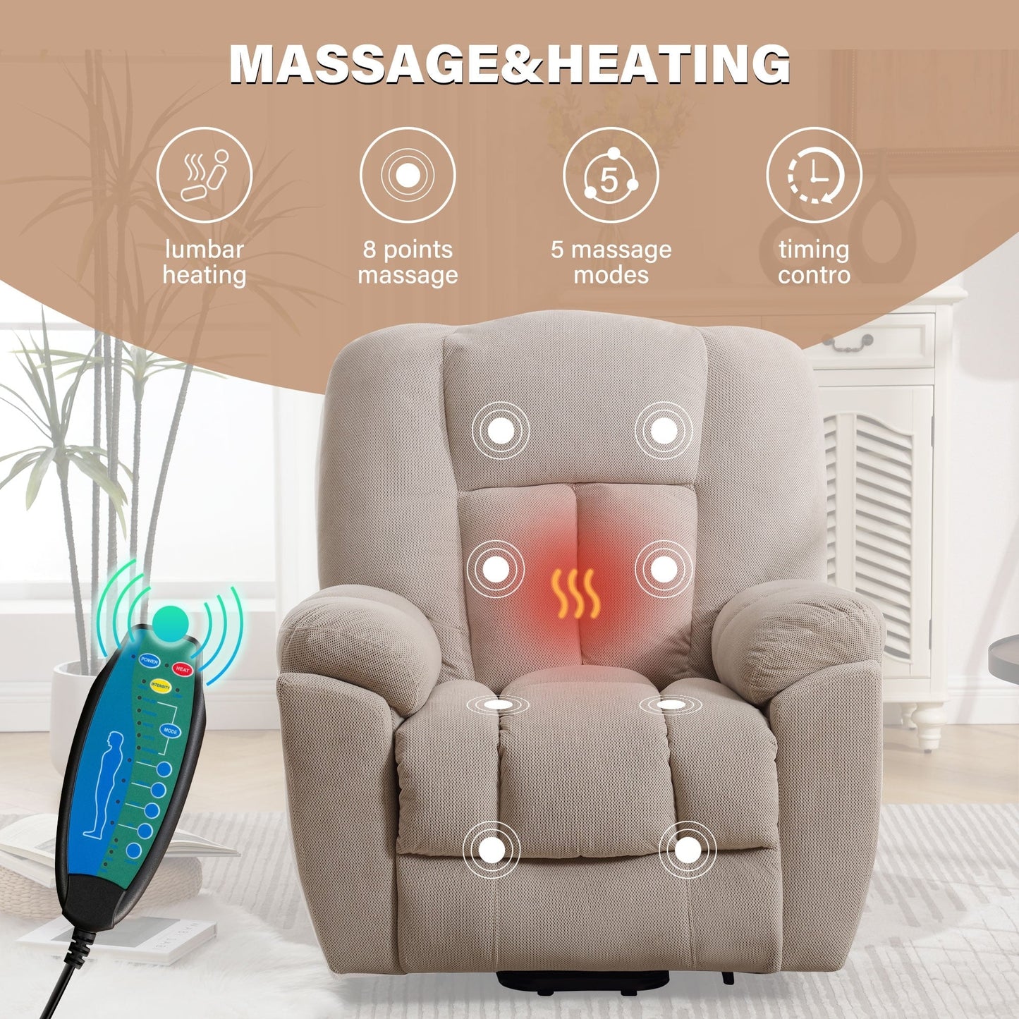 Senior-Friendly Electric Lift Recliner with Heat & 8-Point Massage, USB Charging, Side Storage Pockets, and Durable Upholstery