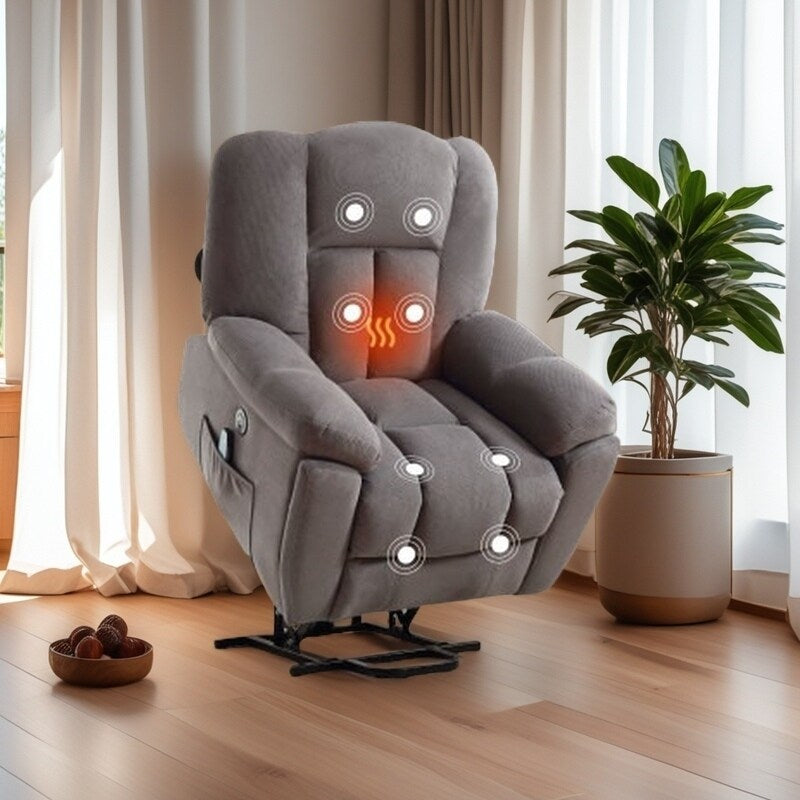 Senior-Friendly Electric Lift Recliner with Heat & 8-Point Massage, USB Charging, Side Storage Pockets, and Durable Upholstery
