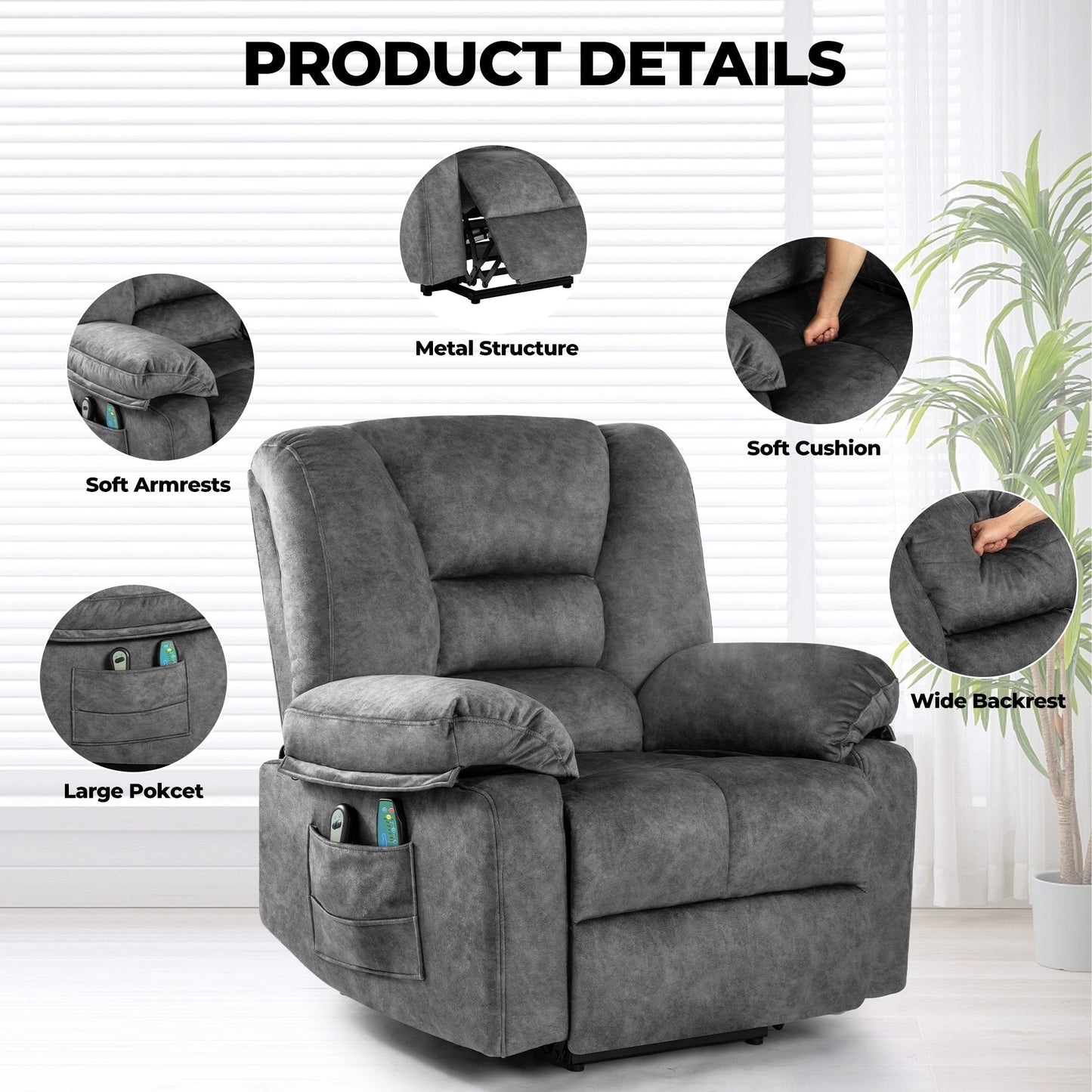 Senior-Friendly Power Lift Recliner with Multi-Mode Massage, Lumbar Heat, Adjustable Positions, and Quick Assembly