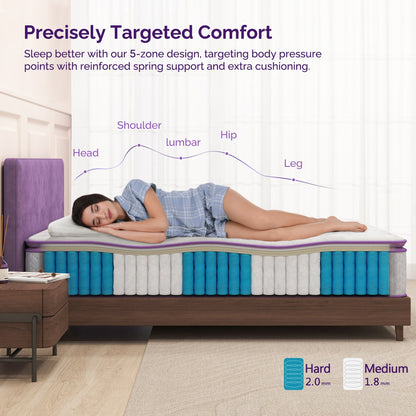 Sersper 10 Inch Memory Foam Hybrid Pillow Top- 5-Zone Pocket Innersprings Motion Isolation - Heavier Coils for Durable Support