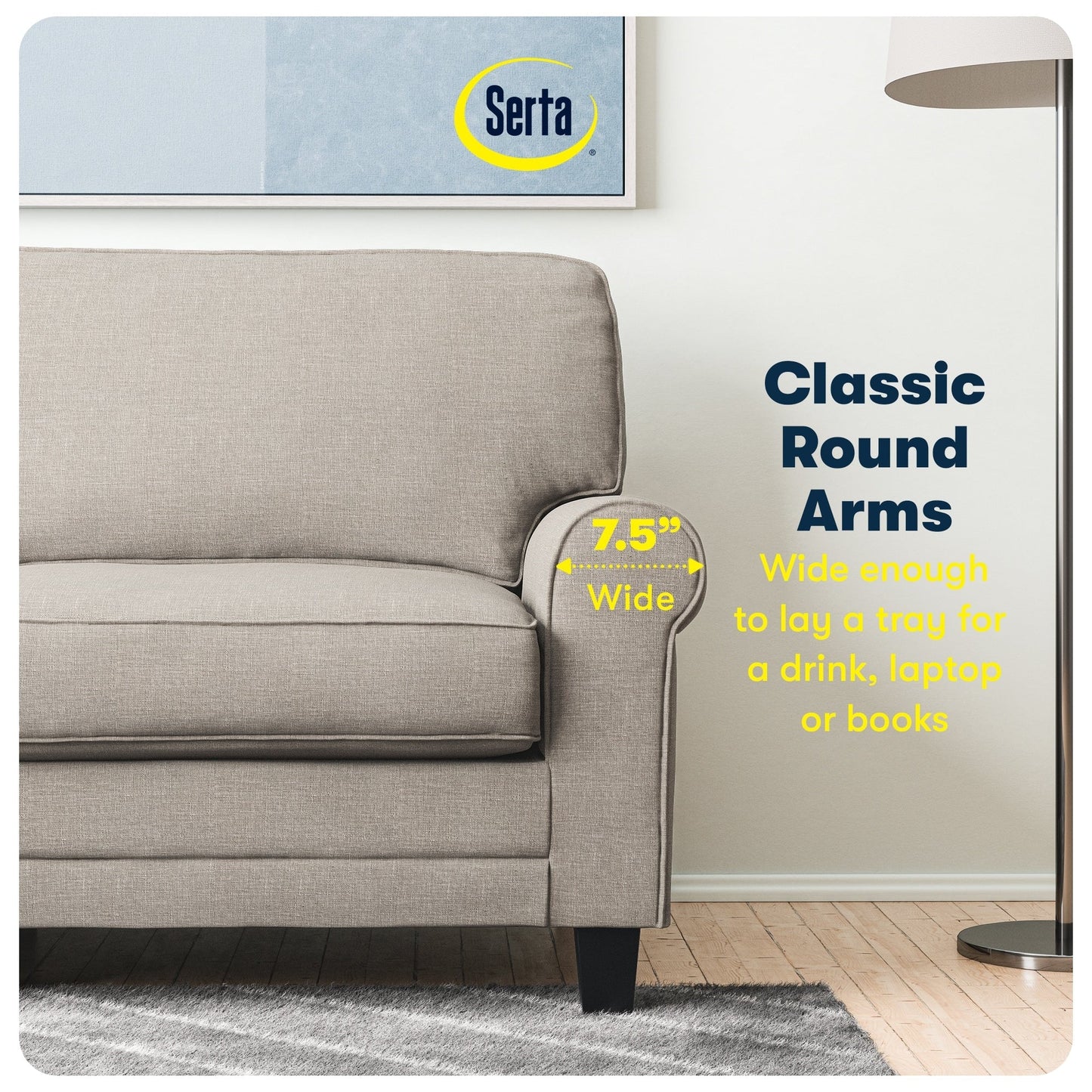 Serta Copenhagen 73 Rolled Arm Sofa, Easy Care Polyester, Soft Pillow Back, Pocket Coil Seat Cushions