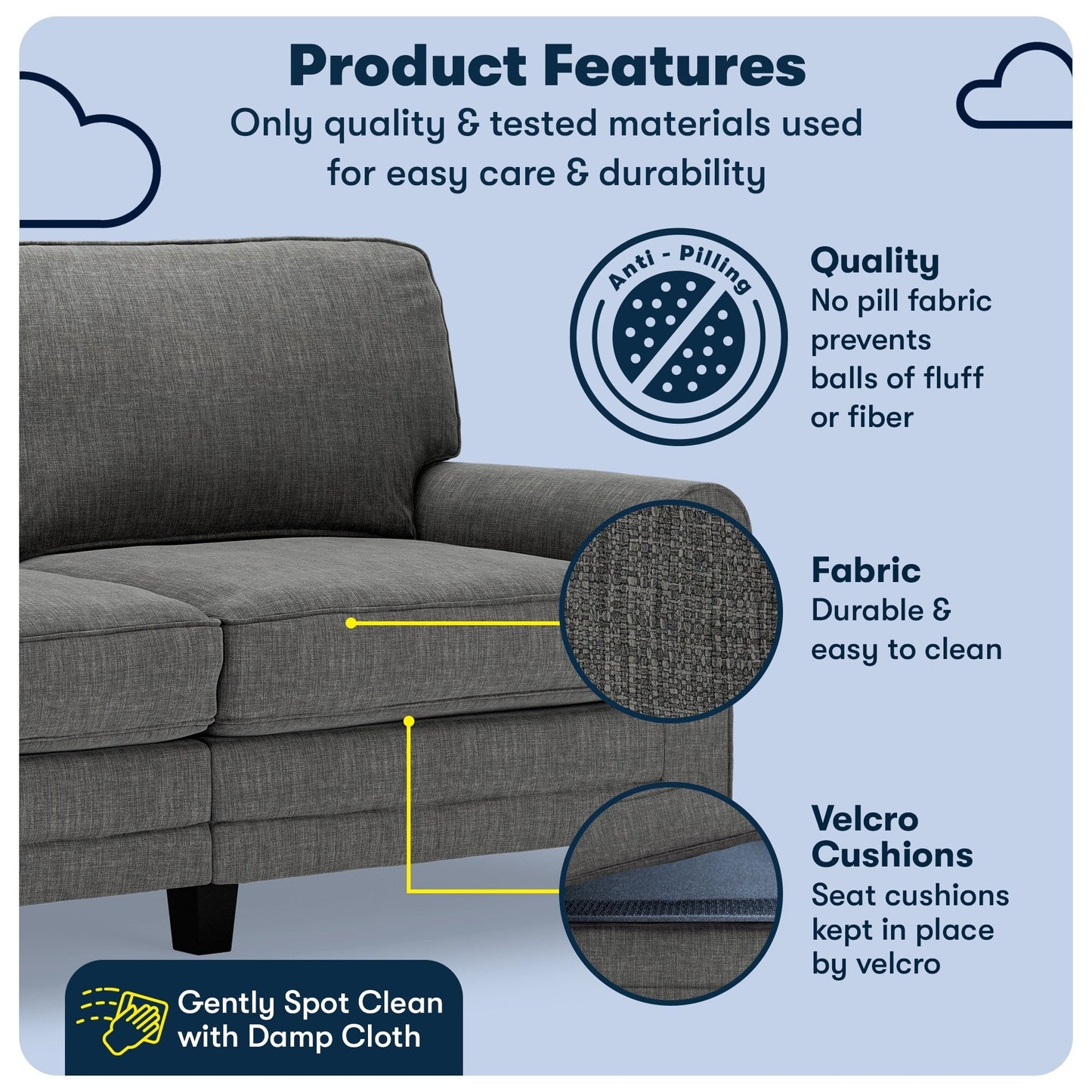 Serta Copenhagen 73 Rolled Arm Sofa, Easy Care Polyester, Soft Pillow Back, Pocket Coil Seat Cushions