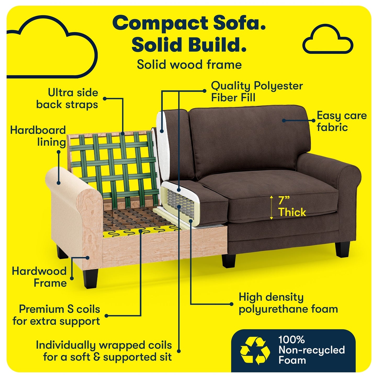 Serta Copenhagen 73 Rolled Arm Sofa, Easy Care Polyester, Soft Pillow Back, Pocket Coil Seat Cushions
