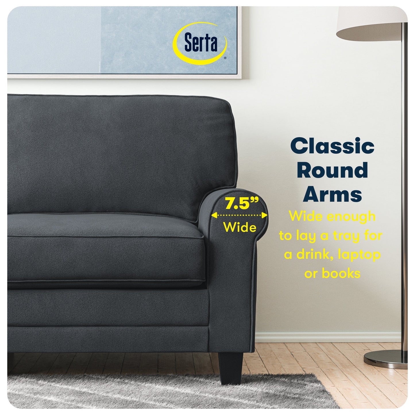 Serta Copenhagen 73 Rolled Arm Sofa, Easy Care Polyester, Soft Pillow Back, Pocket Coil Seat Cushions
