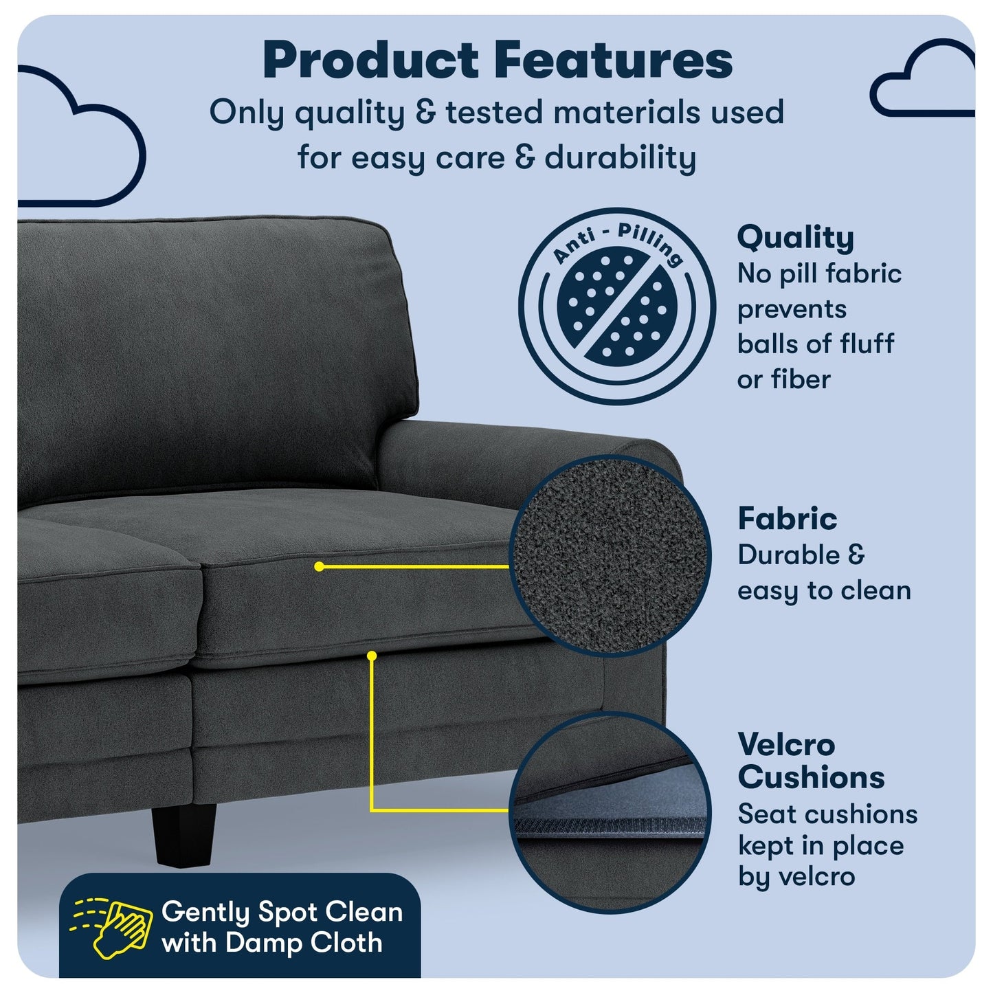 Serta Copenhagen 73 Rolled Arm Sofa, Easy Care Polyester, Soft Pillow Back, Pocket Coil Seat Cushions