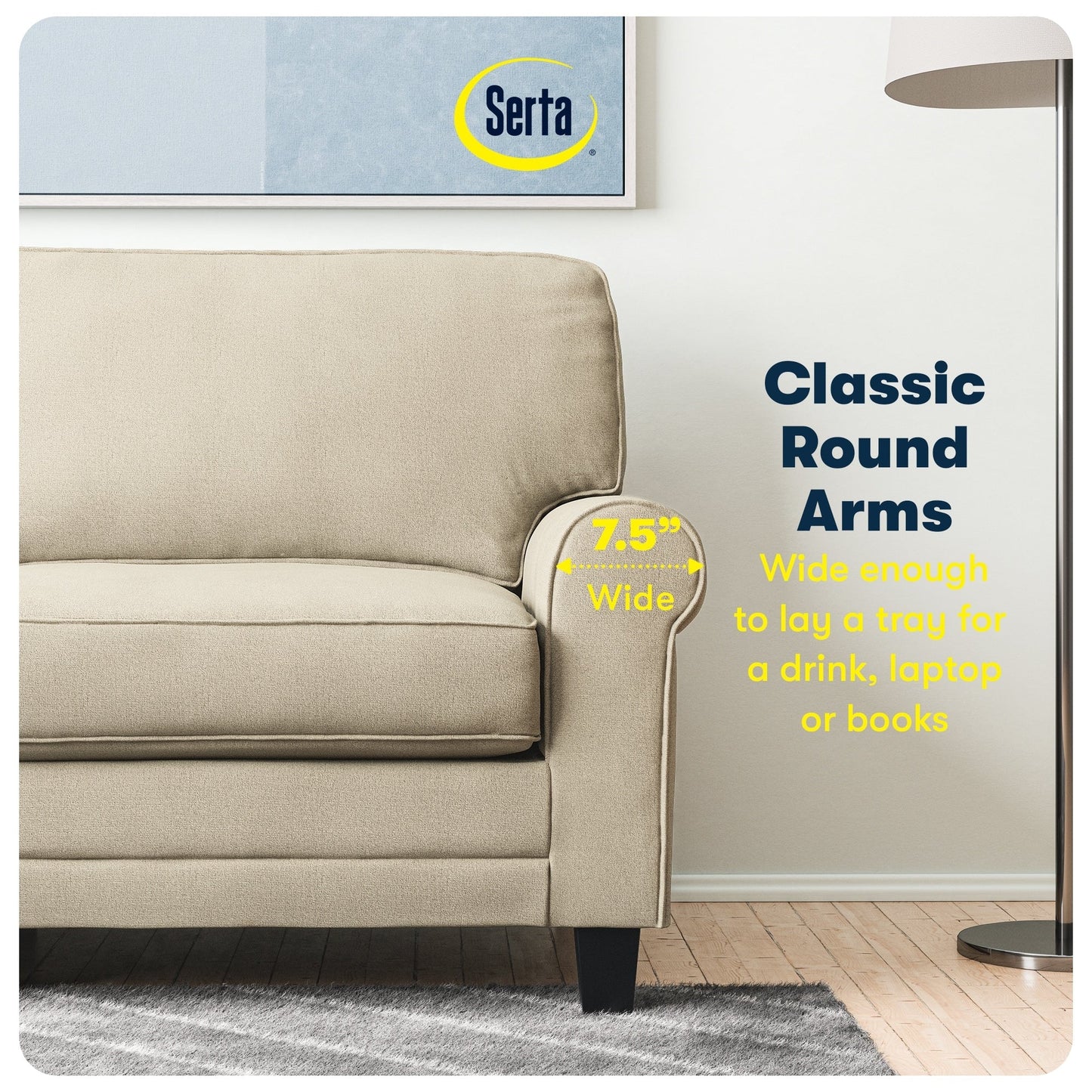 Serta Copenhagen 73 Rolled Arm Sofa, Easy Care Polyester, Soft Pillow Back, Pocket Coil Seat Cushions