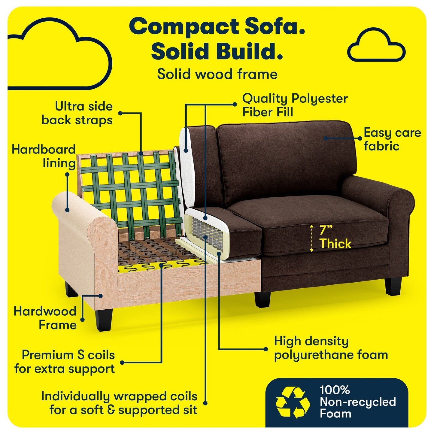 Serta Copenhagen 73 Rolled Arm Sofa, Easy Care Polyester, Soft Pillow Back, Pocket Coil Seat Cushions