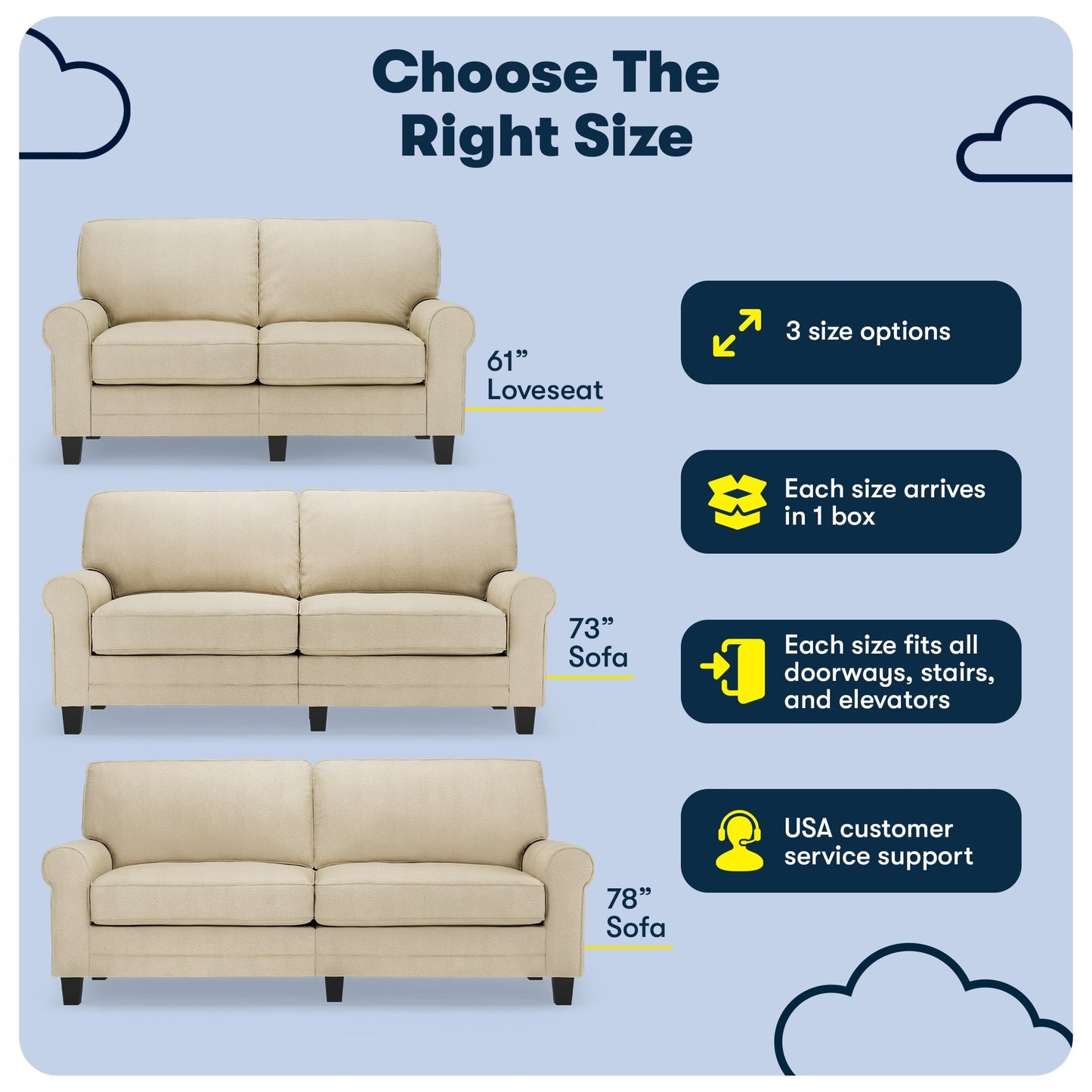 Serta Copenhagen 73 Rolled Arm Sofa, Easy Care Polyester, Soft Pillow Back, Pocket Coil Seat Cushions
