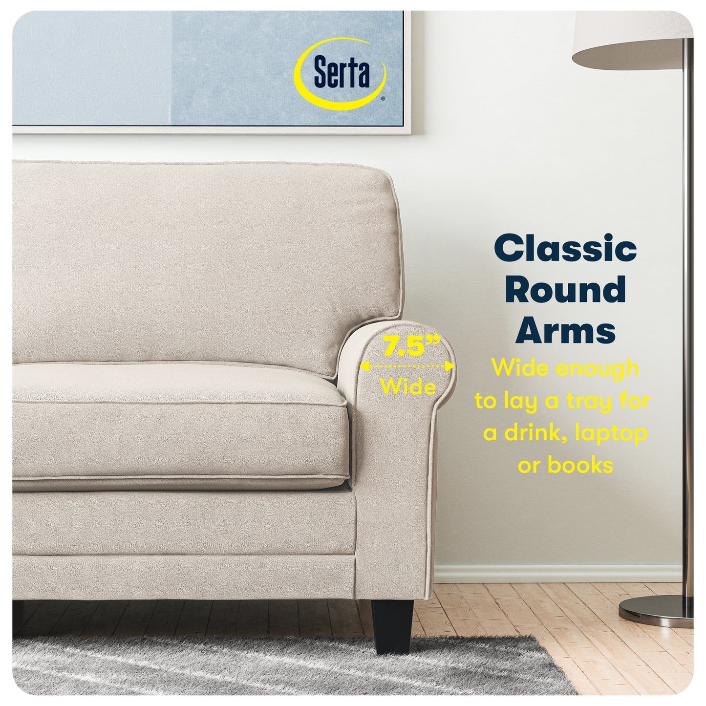 Serta Copenhagen 73 Rolled Arm Sofa, Easy Care Polyester, Soft Pillow Back, Pocket Coil Seat Cushions