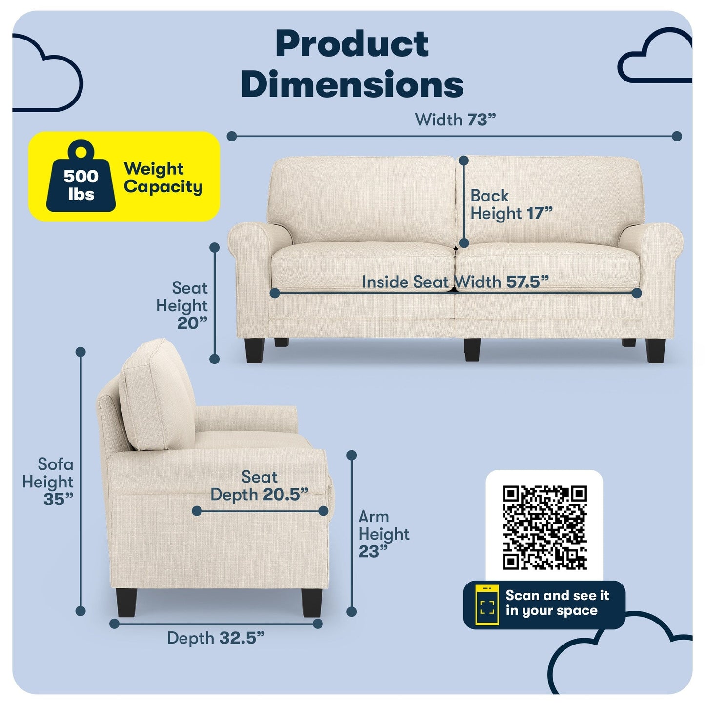 Serta Copenhagen 73 Rolled Arm Sofa, Easy Care Polyester, Soft Pillow Back, Pocket Coil Seat Cushions