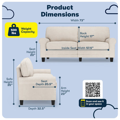Serta Copenhagen 73 Rolled Arm Sofa, Easy Care Polyester, Soft Pillow Back, Pocket Coil Seat Cushions