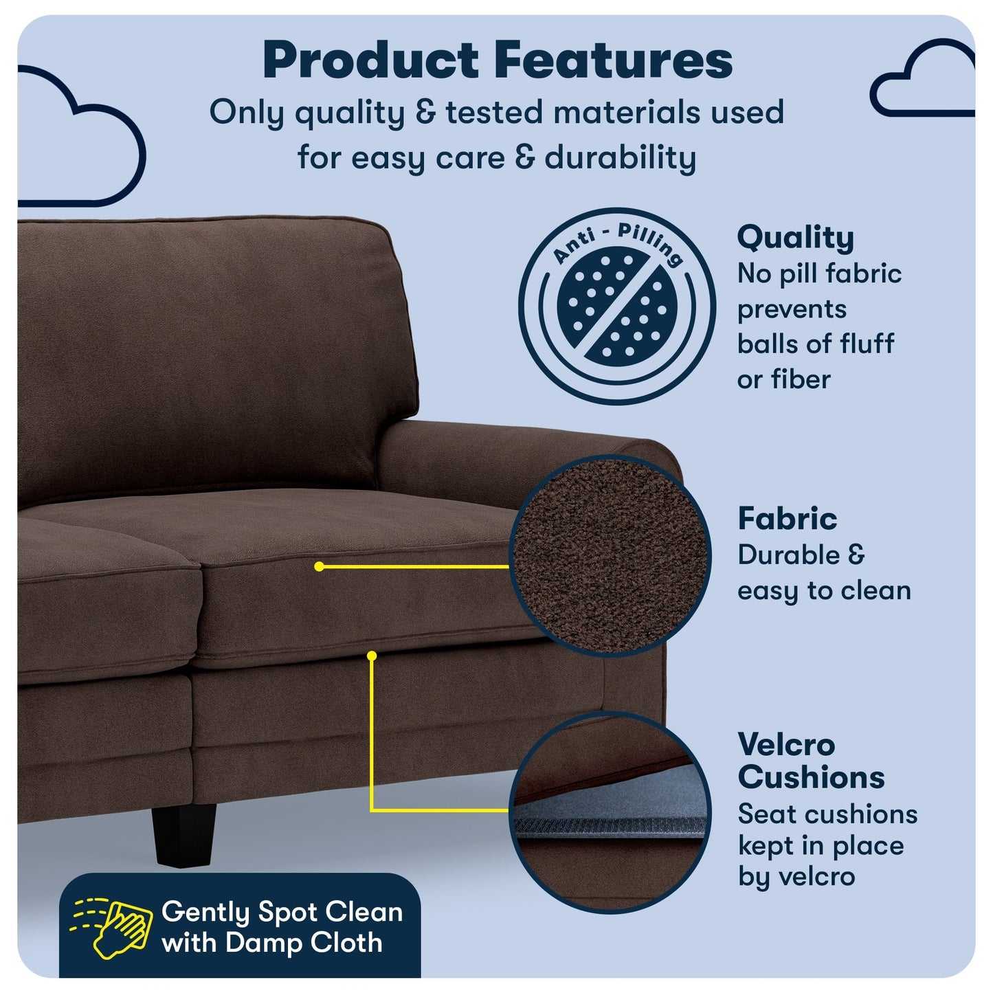 Serta Copenhagen 73 Rolled Arm Sofa, Easy Care Polyester, Soft Pillow Back, Pocket Coil Seat Cushions