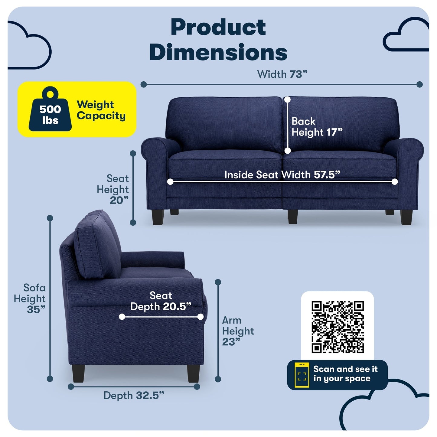 Serta Copenhagen 73 Rolled Arm Sofa, Easy Care Polyester, Soft Pillow Back, Pocket Coil Seat Cushions