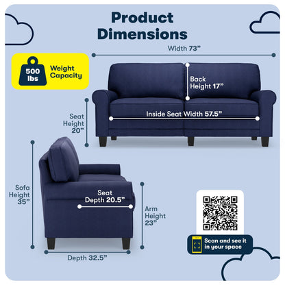 Serta Copenhagen 73 Rolled Arm Sofa, Easy Care Polyester, Soft Pillow Back, Pocket Coil Seat Cushions