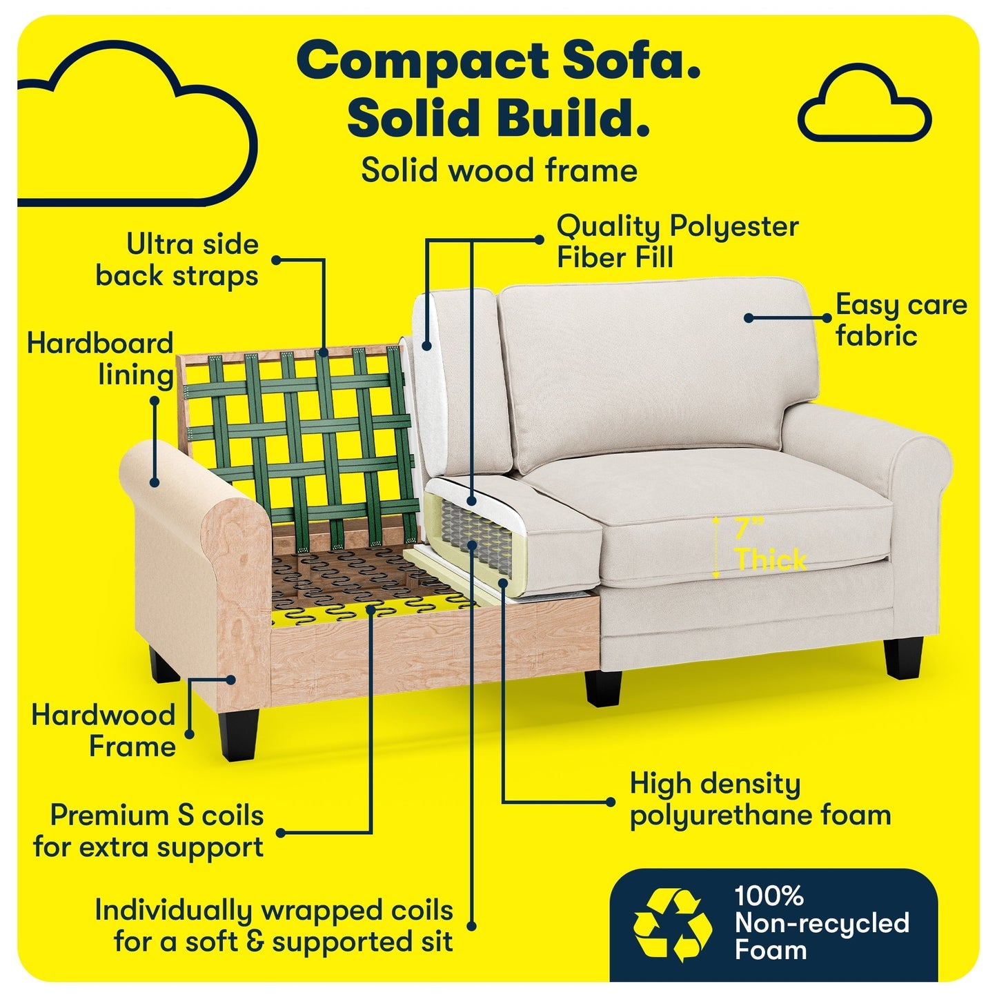 Serta Copenhagen 73 Rolled Arm Sofa, Easy Care Polyester, Soft Pillow Back, Pocket Coil Seat Cushions