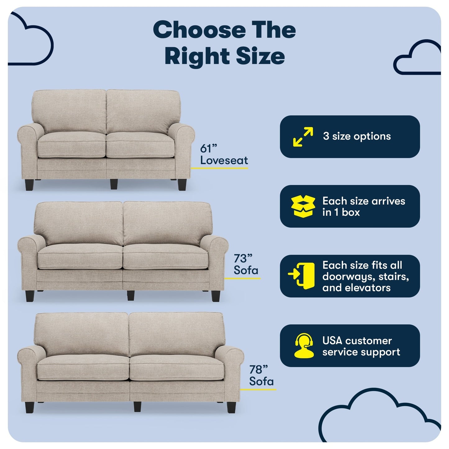 Serta Copenhagen 73 Rolled Arm Sofa, Easy Care Polyester, Soft Pillow Back, Pocket Coil Seat Cushions