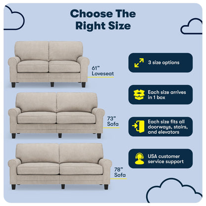 Serta Copenhagen 73 Rolled Arm Sofa, Easy Care Polyester, Soft Pillow Back, Pocket Coil Seat Cushions