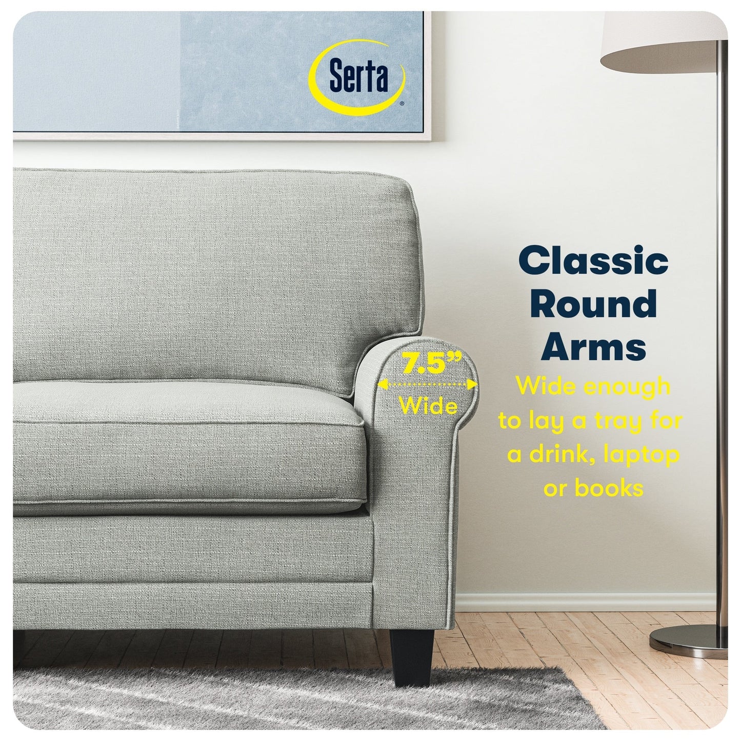 Serta Copenhagen 73 Rolled Arm Sofa, Easy Care Polyester, Soft Pillow Back, Pocket Coil Seat Cushions