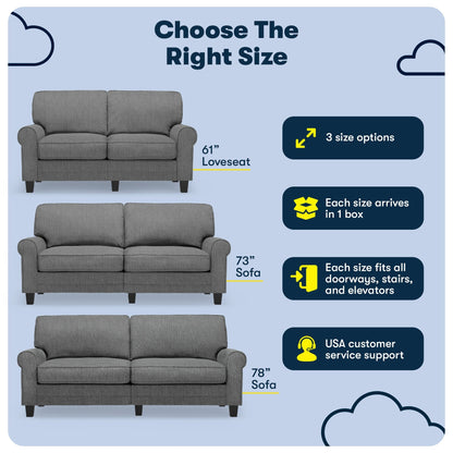 Serta Copenhagen 73 Rolled Arm Sofa, Easy Care Polyester, Soft Pillow Back, Pocket Coil Seat Cushions