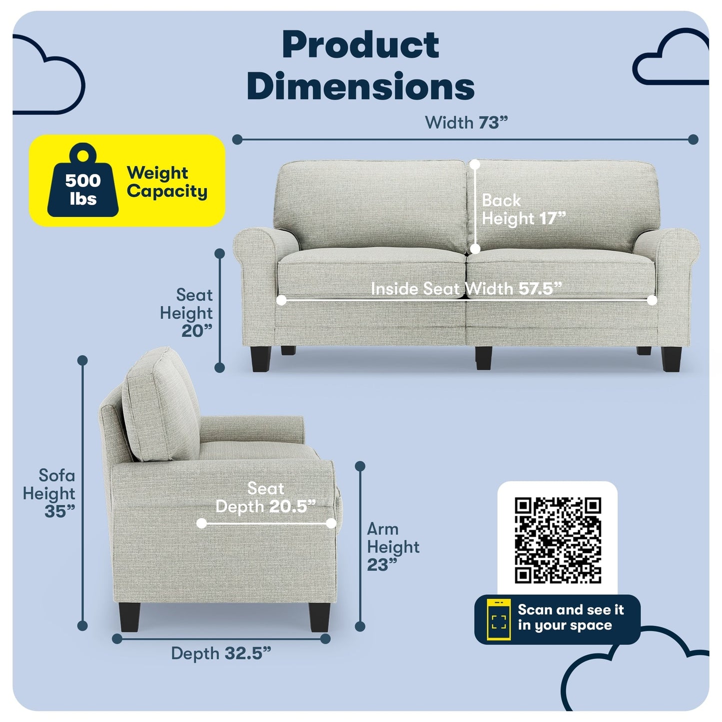Serta Copenhagen 73 Rolled Arm Sofa, Easy Care Polyester, Soft Pillow Back, Pocket Coil Seat Cushions