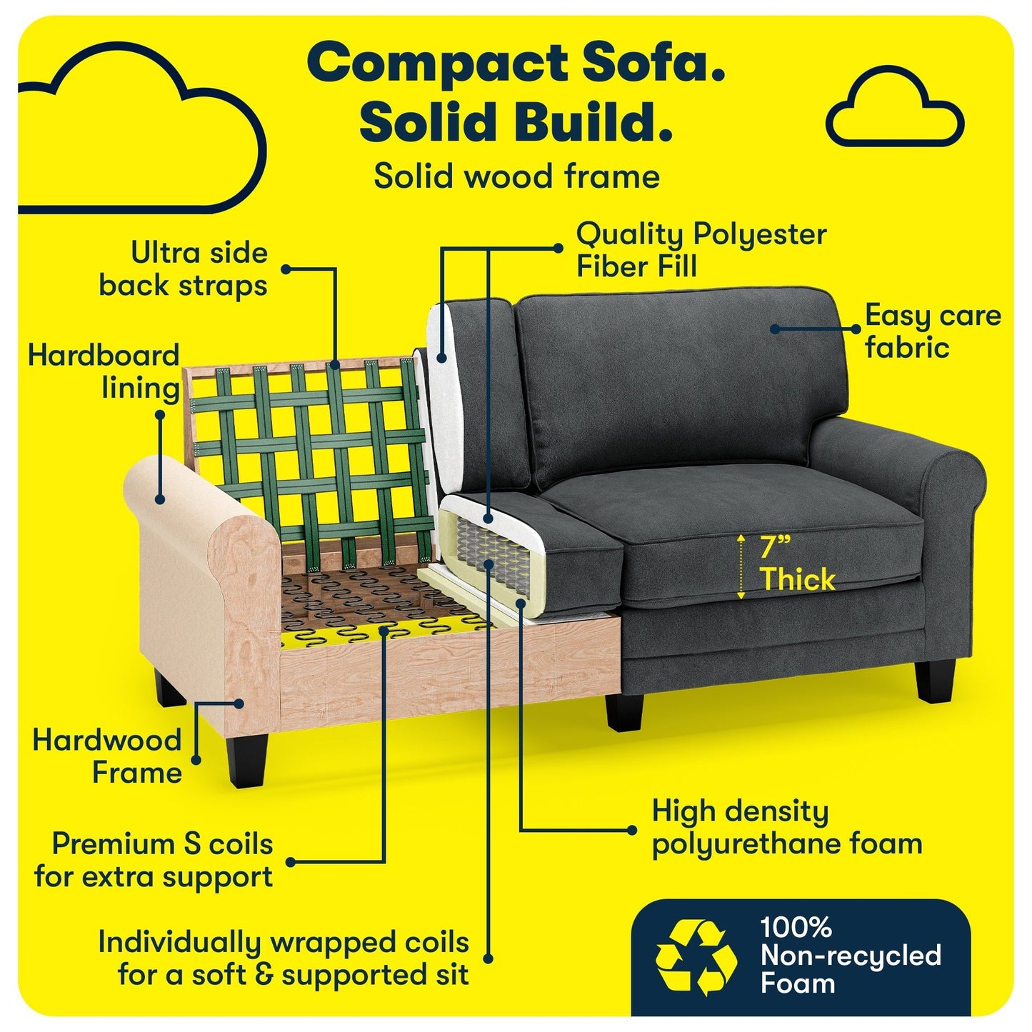 Serta Copenhagen 73 Rolled Arm Sofa, Easy Care Polyester, Soft Pillow Back, Pocket Coil Seat Cushions