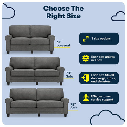 Serta Copenhagen 73 Rolled Arm Sofa, Easy Care Polyester, Soft Pillow Back, Pocket Coil Seat Cushions