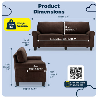 Serta Copenhagen 73 Rolled Arm Sofa, Easy Care Polyester, Soft Pillow Back, Pocket Coil Seat Cushions