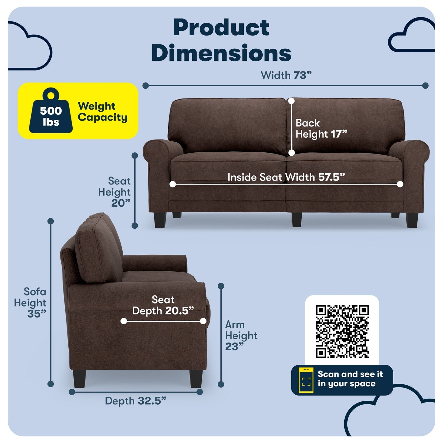 Serta Copenhagen 73 Rolled Arm Sofa, Easy Care Polyester, Soft Pillow Back, Pocket Coil Seat Cushions