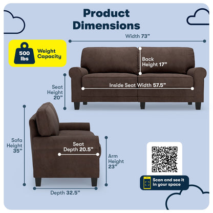 Serta Copenhagen 73 Rolled Arm Sofa, Easy Care Polyester, Soft Pillow Back, Pocket Coil Seat Cushions