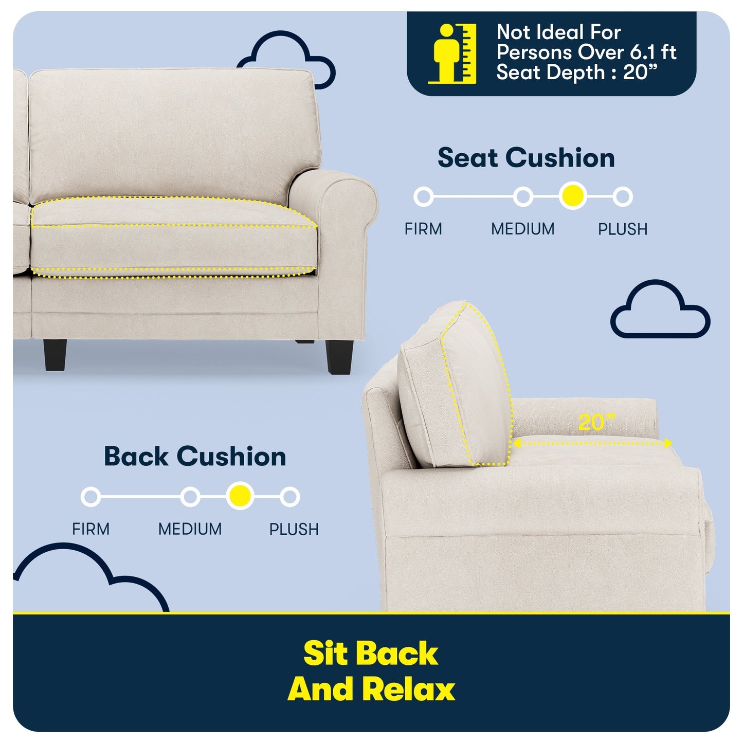 Serta Copenhagen 78 Rolled Arm Sofa, Easy Care Polyester, Soft Pillow Back, Pocket Coil Seat Cushions