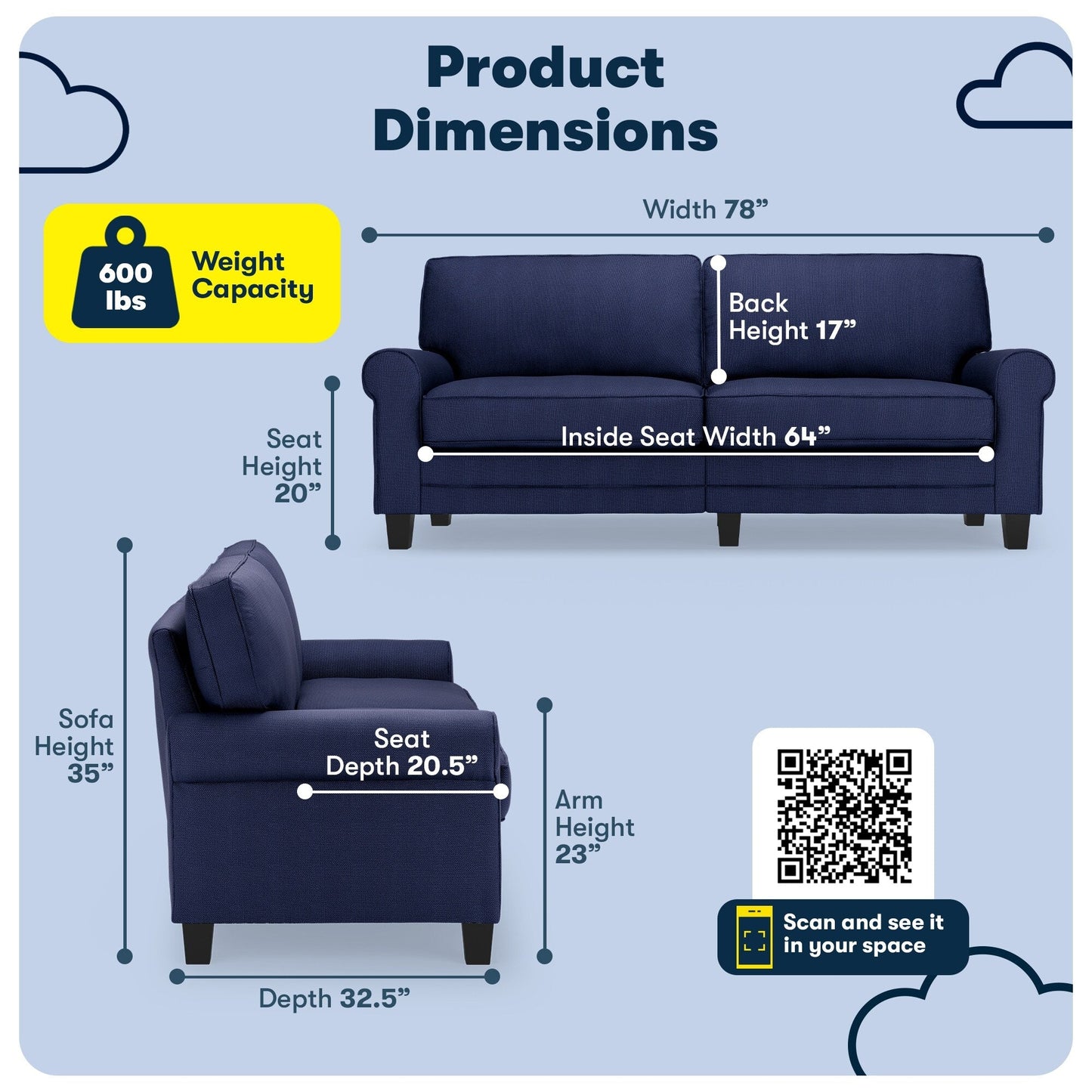 Serta Copenhagen 78 Rolled Arm Sofa, Easy Care Polyester, Soft Pillow Back, Pocket Coil Seat Cushions