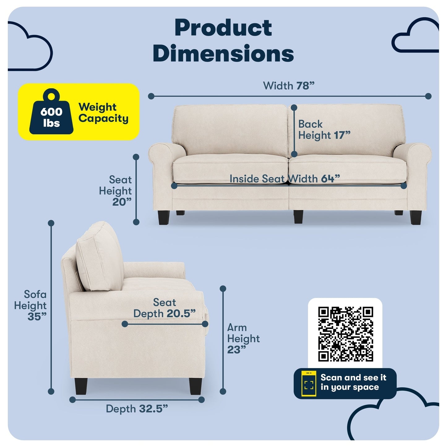 Serta Copenhagen 78 Rolled Arm Sofa, Easy Care Polyester, Soft Pillow Back, Pocket Coil Seat Cushions