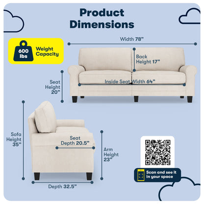 Serta Copenhagen 78 Rolled Arm Sofa, Easy Care Polyester, Soft Pillow Back, Pocket Coil Seat Cushions