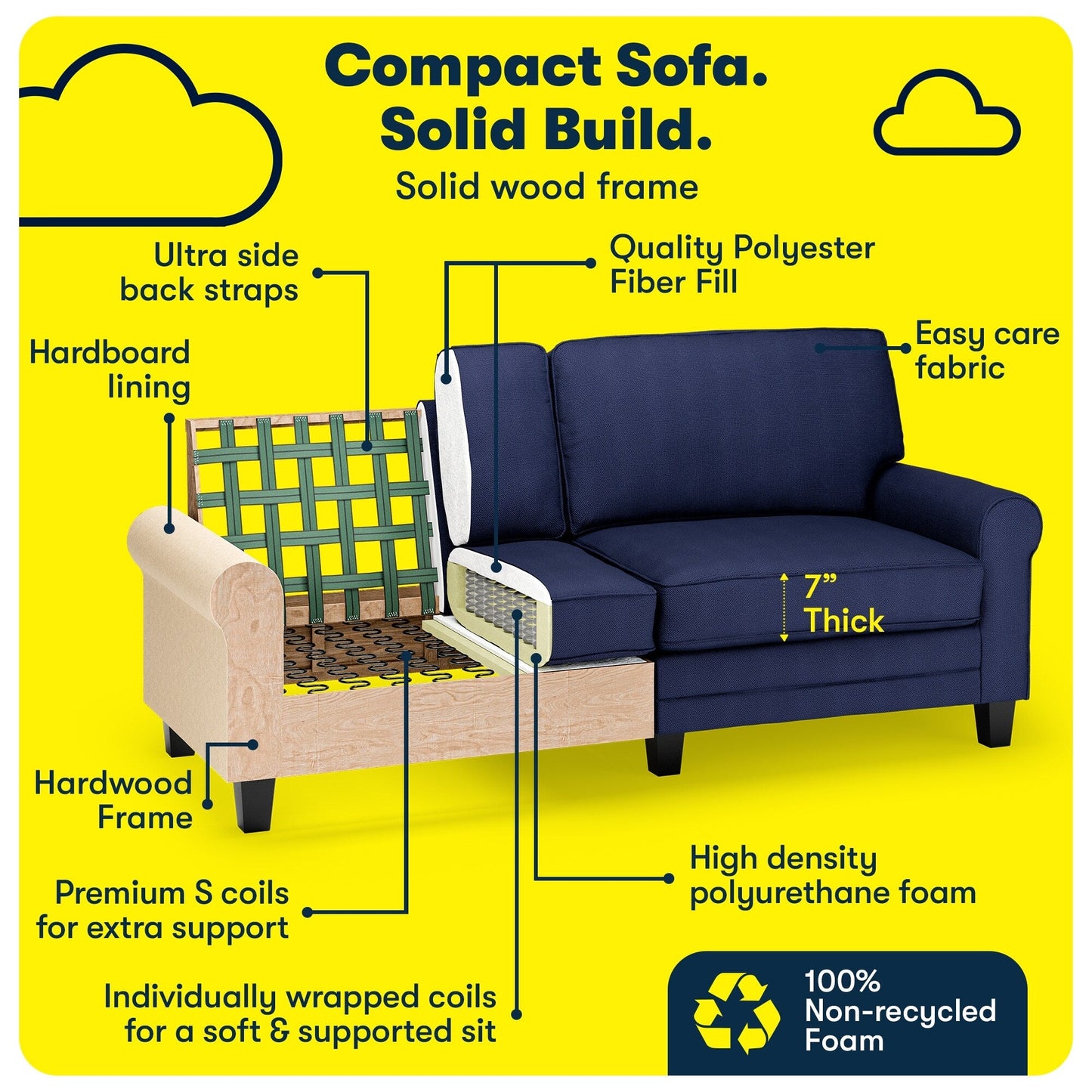 Serta Copenhagen 78 Rolled Arm Sofa, Easy Care Polyester, Soft Pillow Back, Pocket Coil Seat Cushions