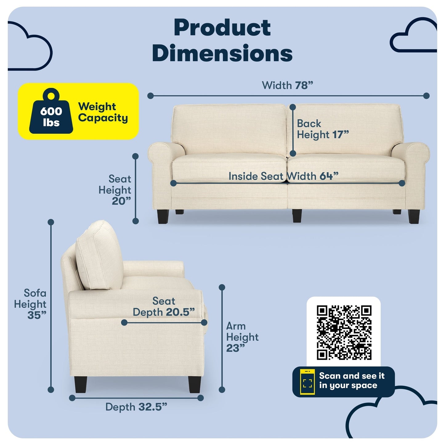 Serta Copenhagen 78 Rolled Arm Sofa, Easy Care Polyester, Soft Pillow Back, Pocket Coil Seat Cushions