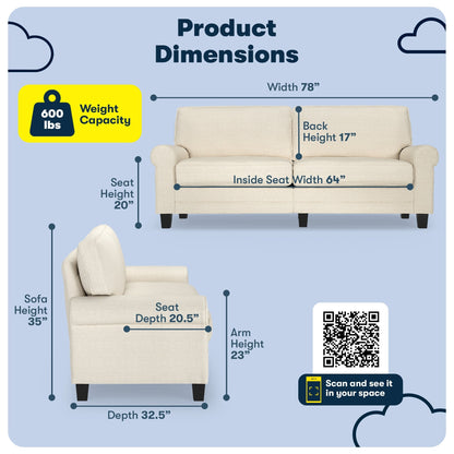 Serta Copenhagen 78 Rolled Arm Sofa, Easy Care Polyester, Soft Pillow Back, Pocket Coil Seat Cushions