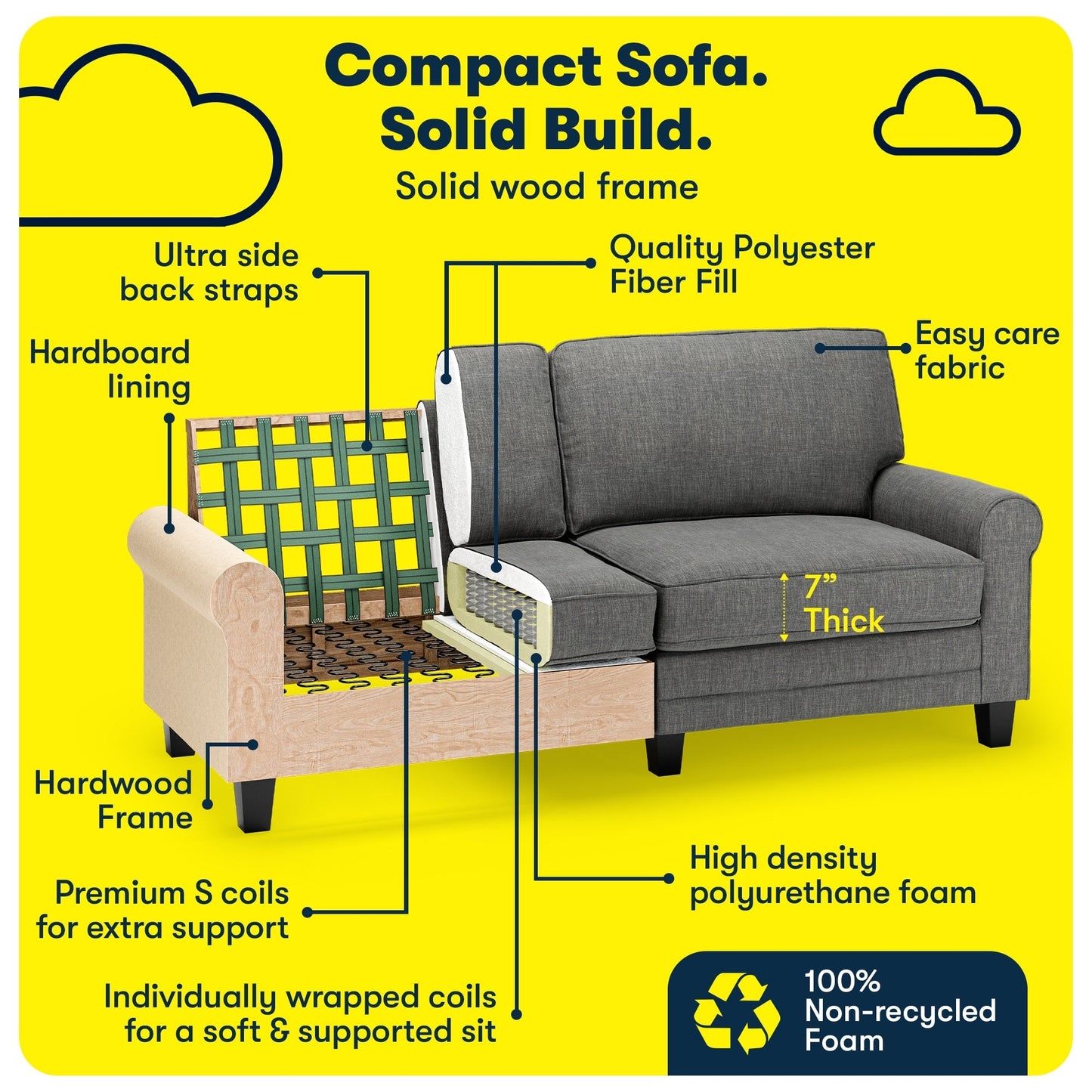 Serta Copenhagen 78 Rolled Arm Sofa, Easy Care Polyester, Soft Pillow Back, Pocket Coil Seat Cushions