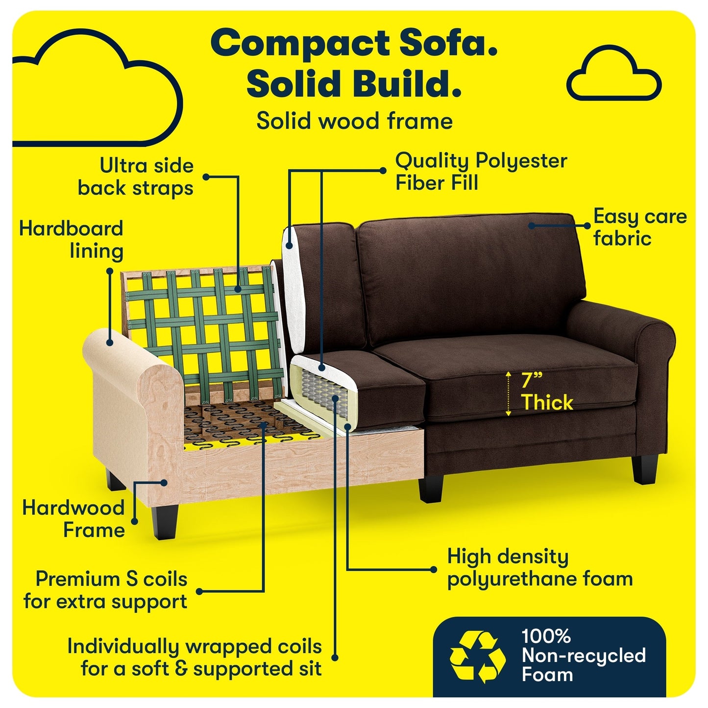 Serta Copenhagen 78 Rolled Arm Sofa, Easy Care Polyester, Soft Pillow Back, Pocket Coil Seat Cushions