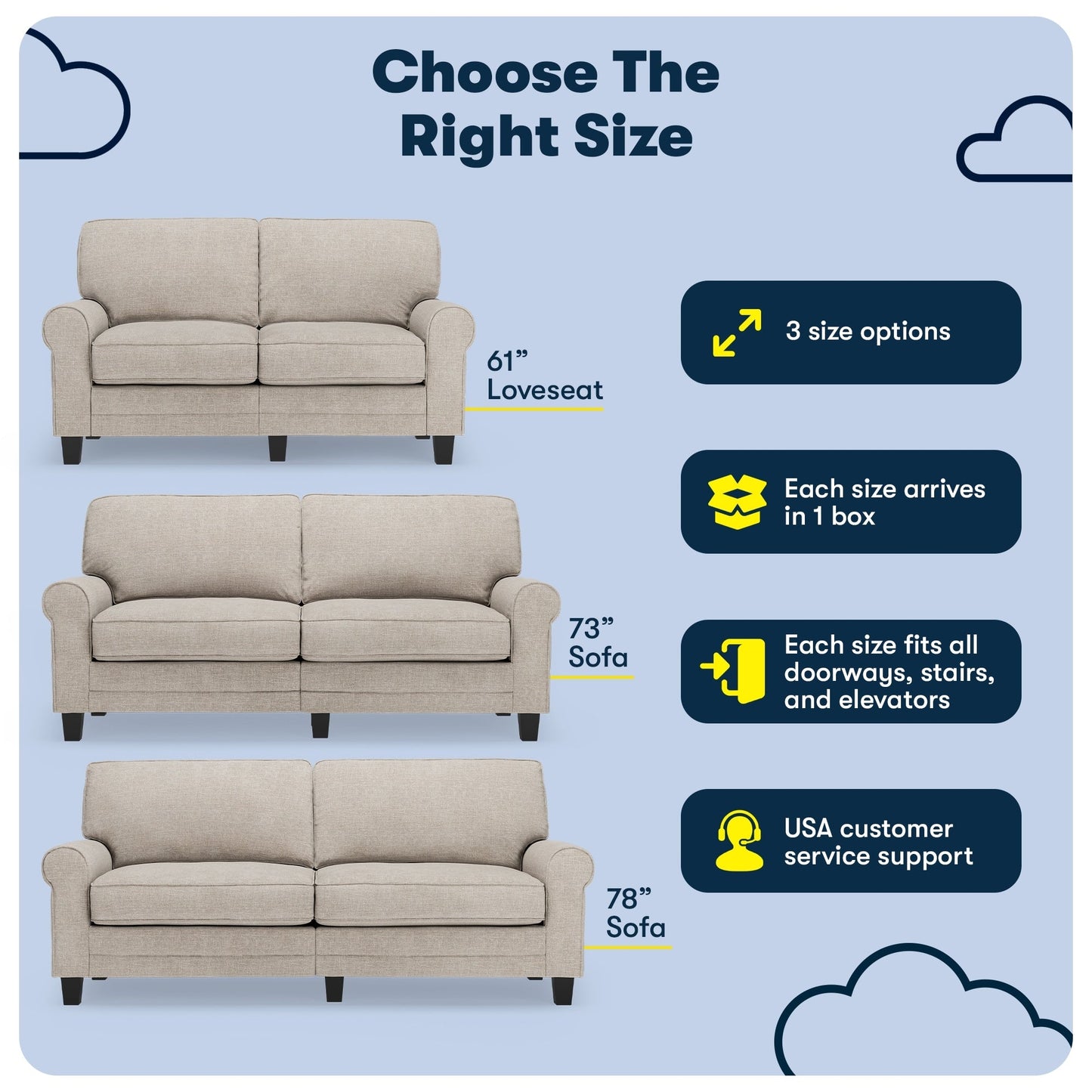 Serta Copenhagen 78 Rolled Arm Sofa, Easy Care Polyester, Soft Pillow Back, Pocket Coil Seat Cushions