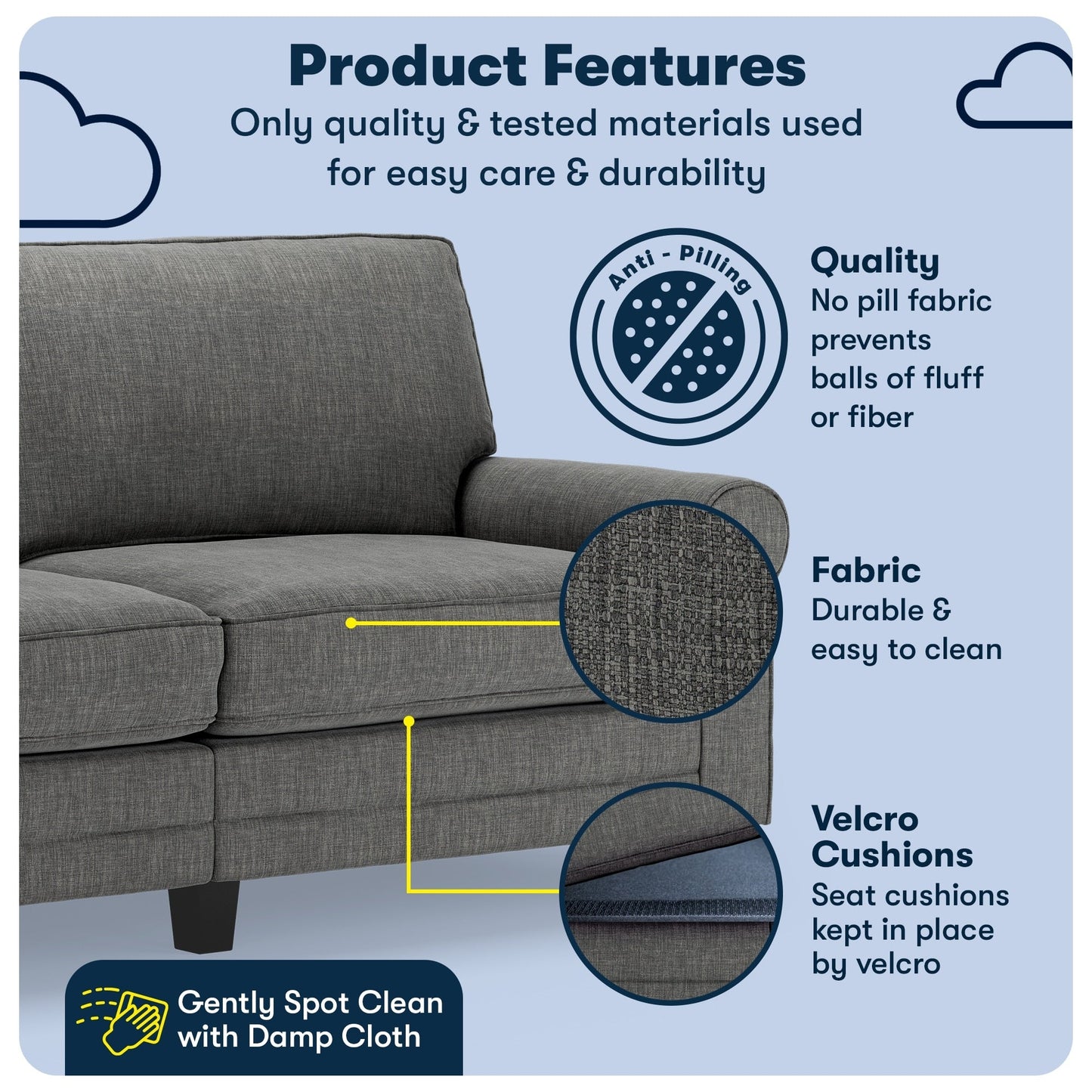 Serta Copenhagen 78 Rolled Arm Sofa, Easy Care Polyester, Soft Pillow Back, Pocket Coil Seat Cushions