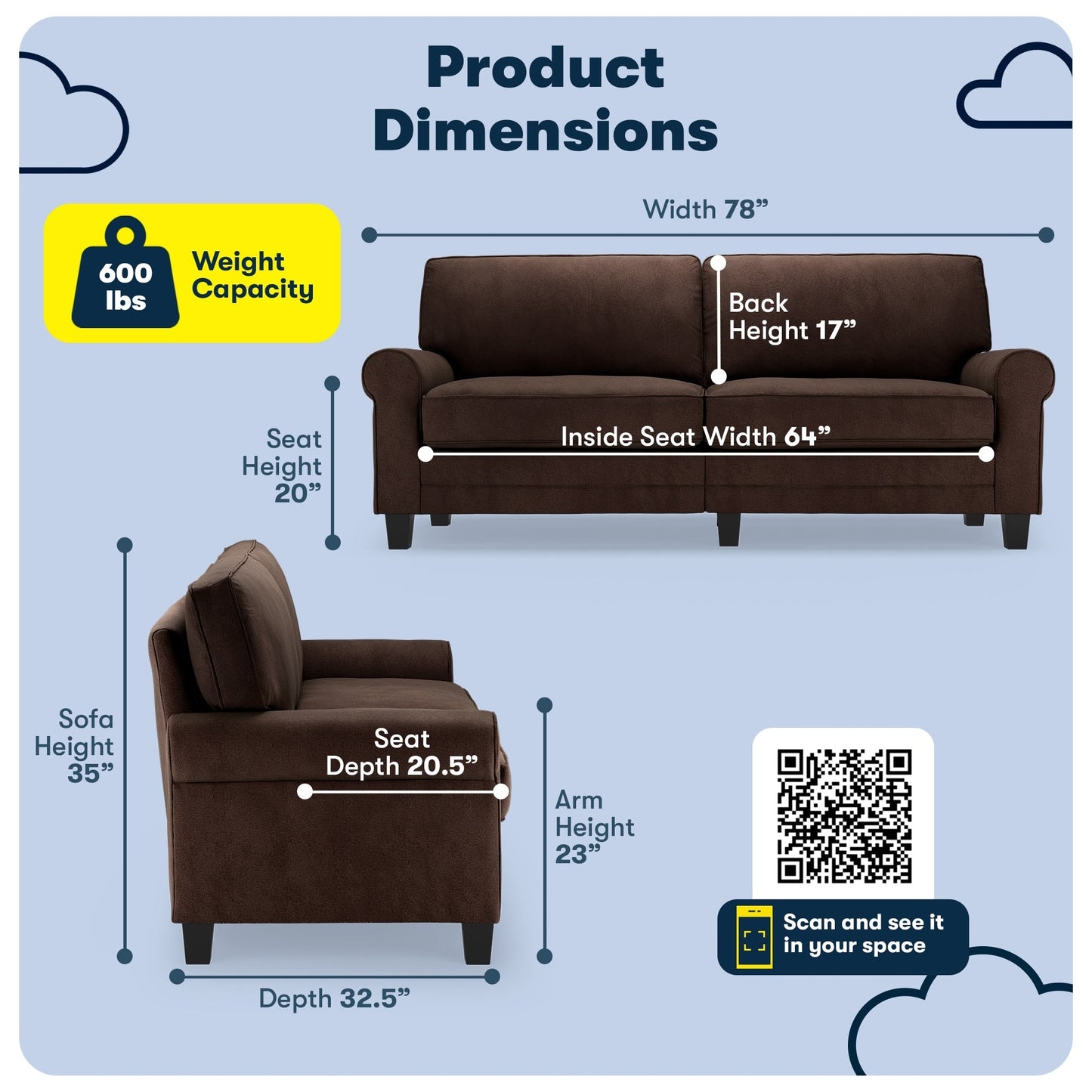 Serta Copenhagen 78 Rolled Arm Sofa, Easy Care Polyester, Soft Pillow Back, Pocket Coil Seat Cushions