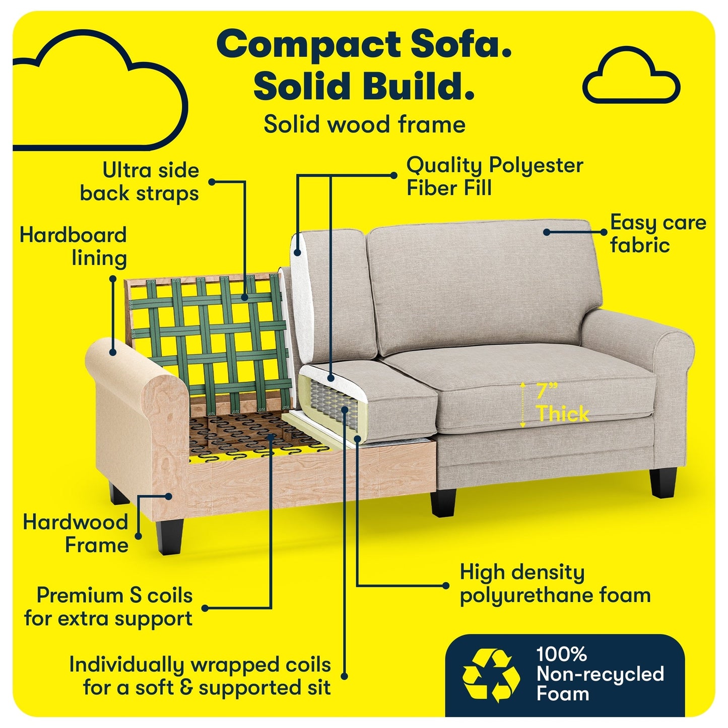 Serta Copenhagen 78 Rolled Arm Sofa, Easy Care Polyester, Soft Pillow Back, Pocket Coil Seat Cushions
