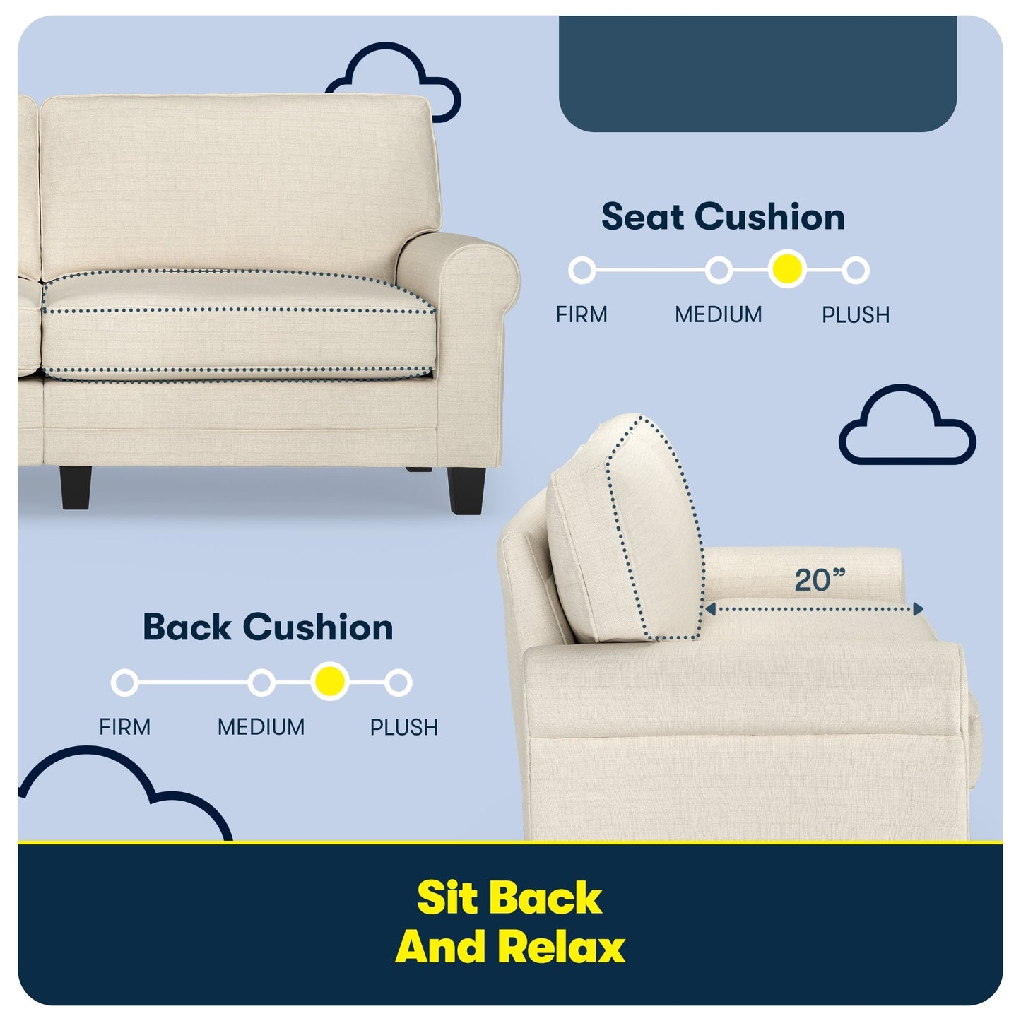 Serta Copenhagen 78 Rolled Arm Sofa, Easy Care Polyester, Soft Pillow Back, Pocket Coil Seat Cushions