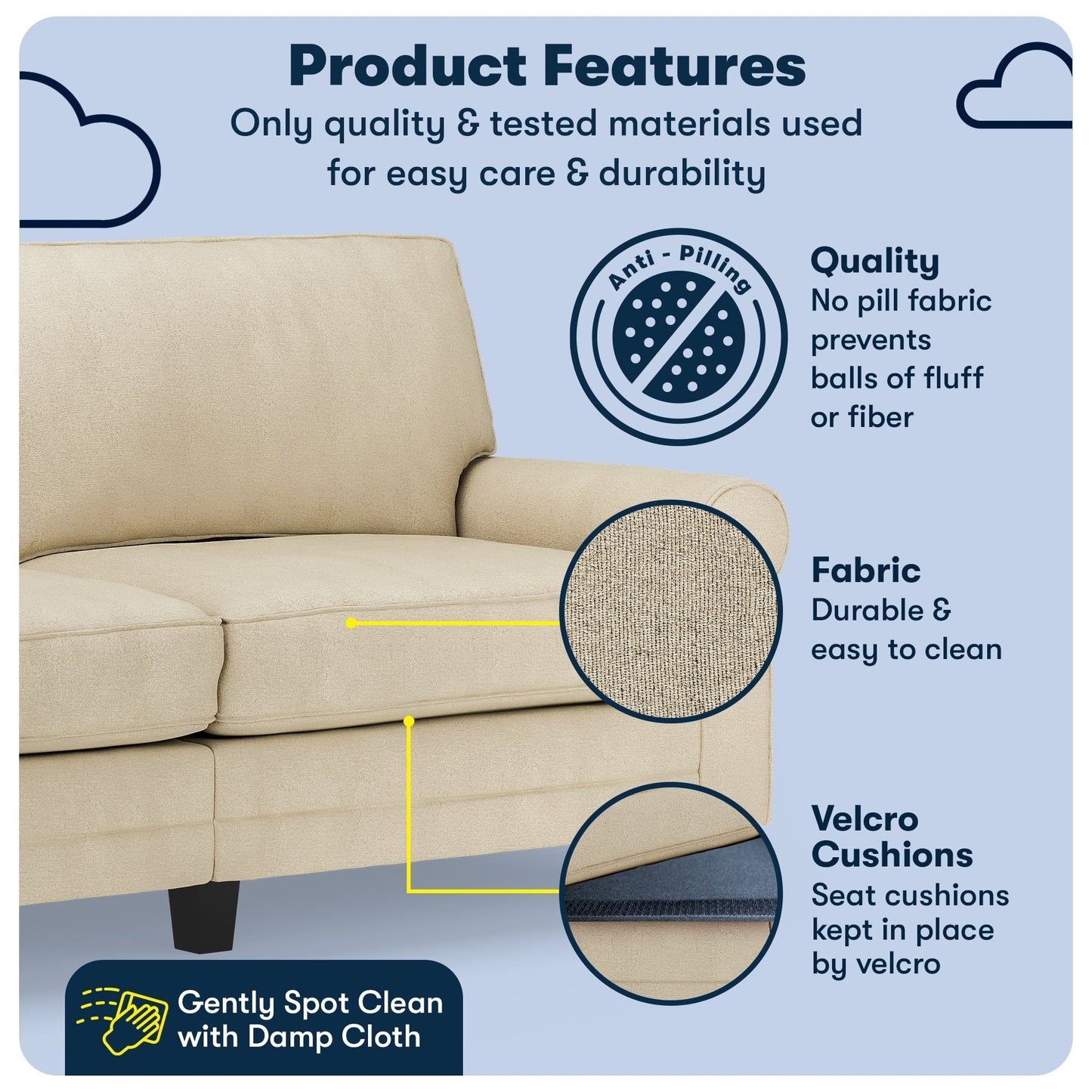 Serta Copenhagen 78 Rolled Arm Sofa, Easy Care Polyester, Soft Pillow Back, Pocket Coil Seat Cushions