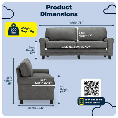 Serta Copenhagen 78 Rolled Arm Sofa, Easy Care Polyester, Soft Pillow Back, Pocket Coil Seat Cushions