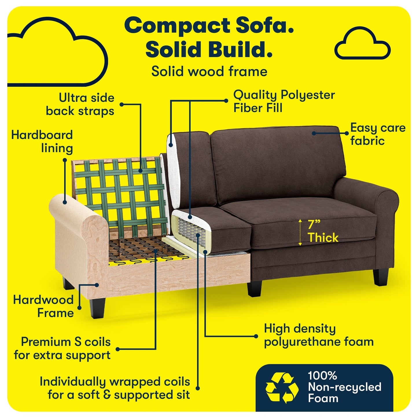 Serta Copenhagen 78 Rolled Arm Sofa, Easy Care Polyester, Soft Pillow Back, Pocket Coil Seat Cushions