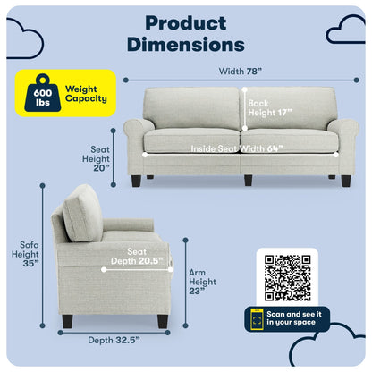 Serta Copenhagen 78 Rolled Arm Sofa, Easy Care Polyester, Soft Pillow Back, Pocket Coil Seat Cushions