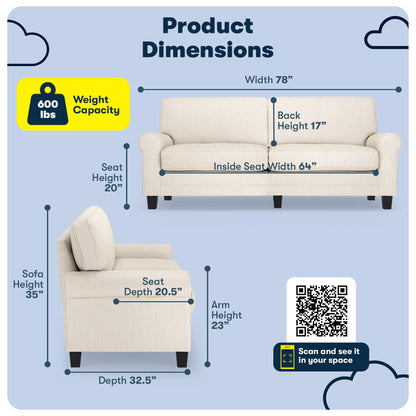 Serta Copenhagen 78 Rolled Arm Sofa, Easy Care Polyester, Soft Pillow Back, Pocket Coil Seat Cushions